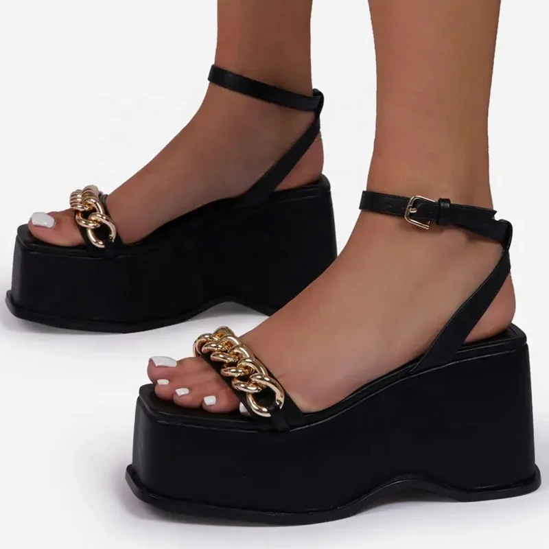 

Special Design Pure Color Black Apricot Women Summer Sandals High Platform Metal Chain Decorate Ankle Strap Anti-Slippery Shoes