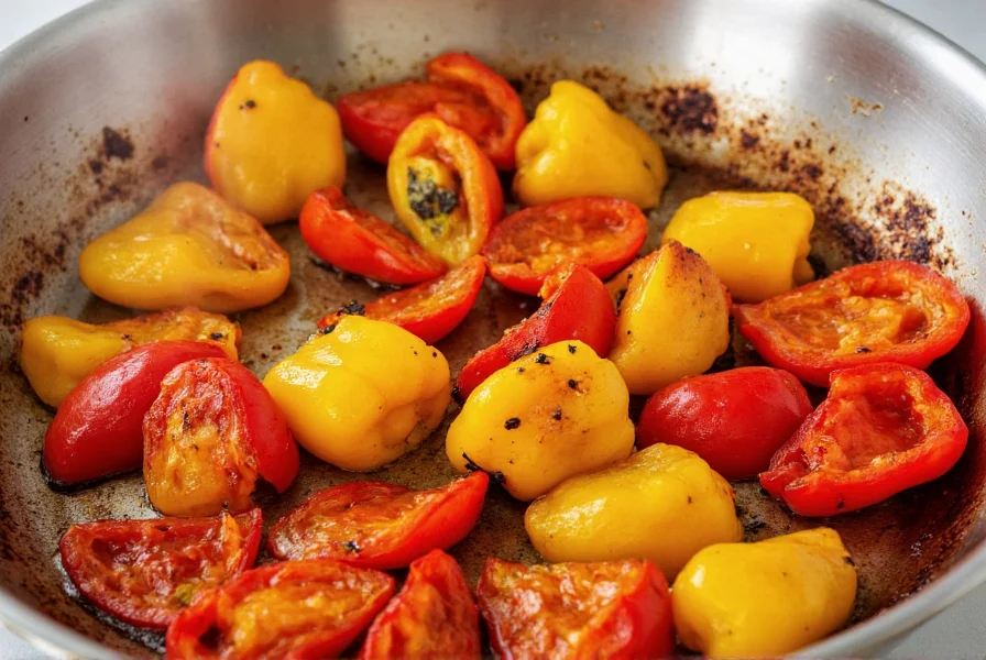 Colorful sauteed peppers in stainless steel skillet showing perfect caramelization