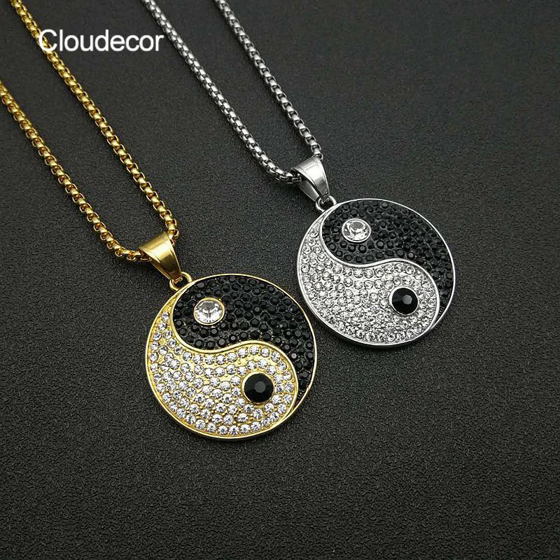 

Stainless Steel Yin Yang Necklace Tai Chi Necklace Diamond Pendant Thick Box Chain Feng Shui Necklace Iced Out Jewelry Men, 18k gold plated