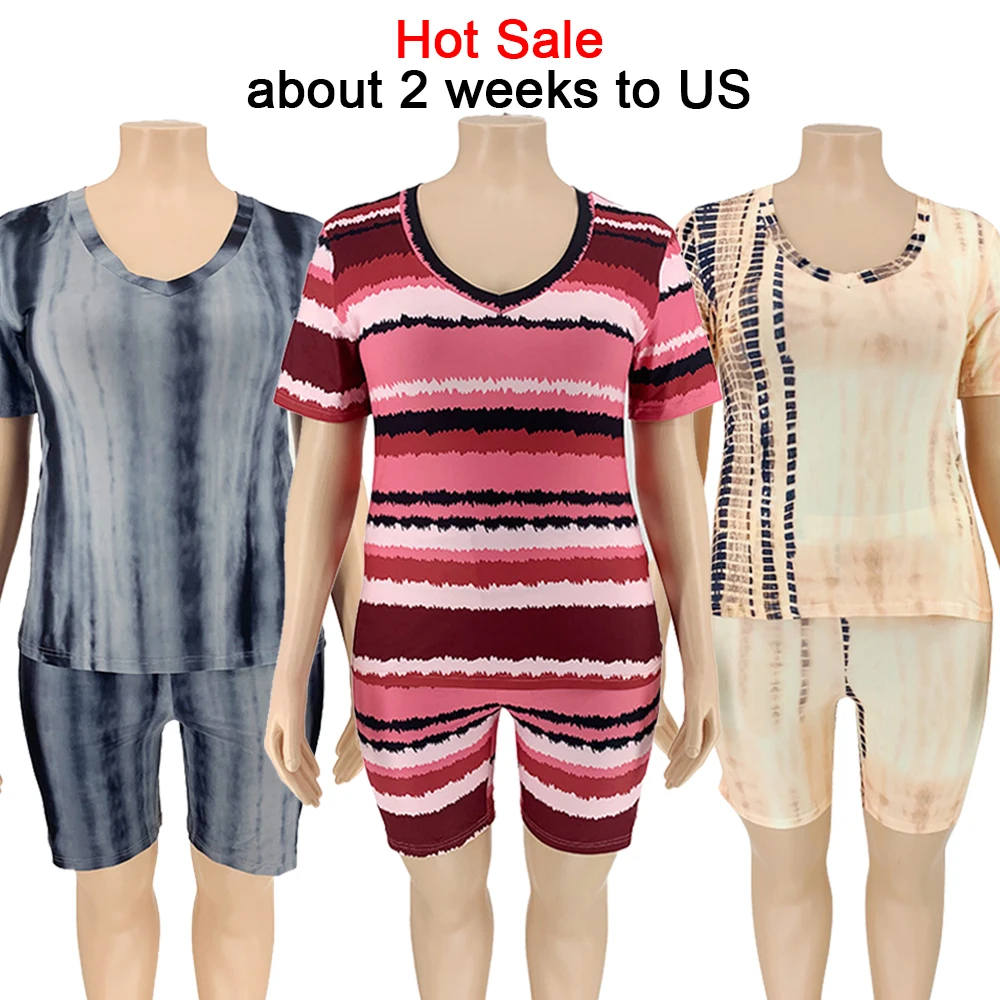 

High quality womens plus size clothing tie dye print two piece set tops shorts sleeve short pants two piece