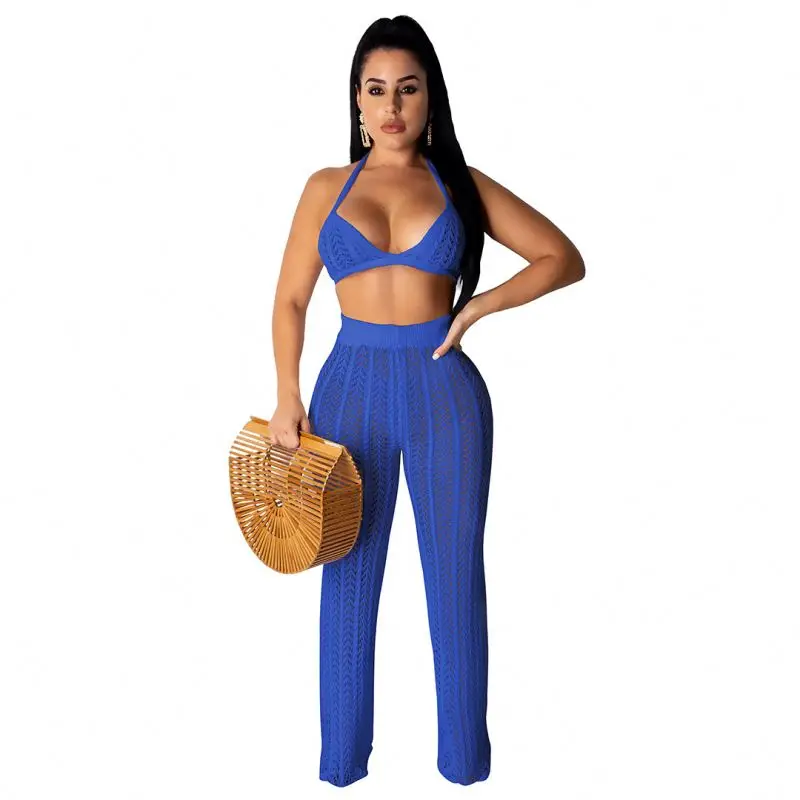 

2021 LXE summer new sexy women's fashion knitted mesh hollow perspective two - piece suit cross - border, Black