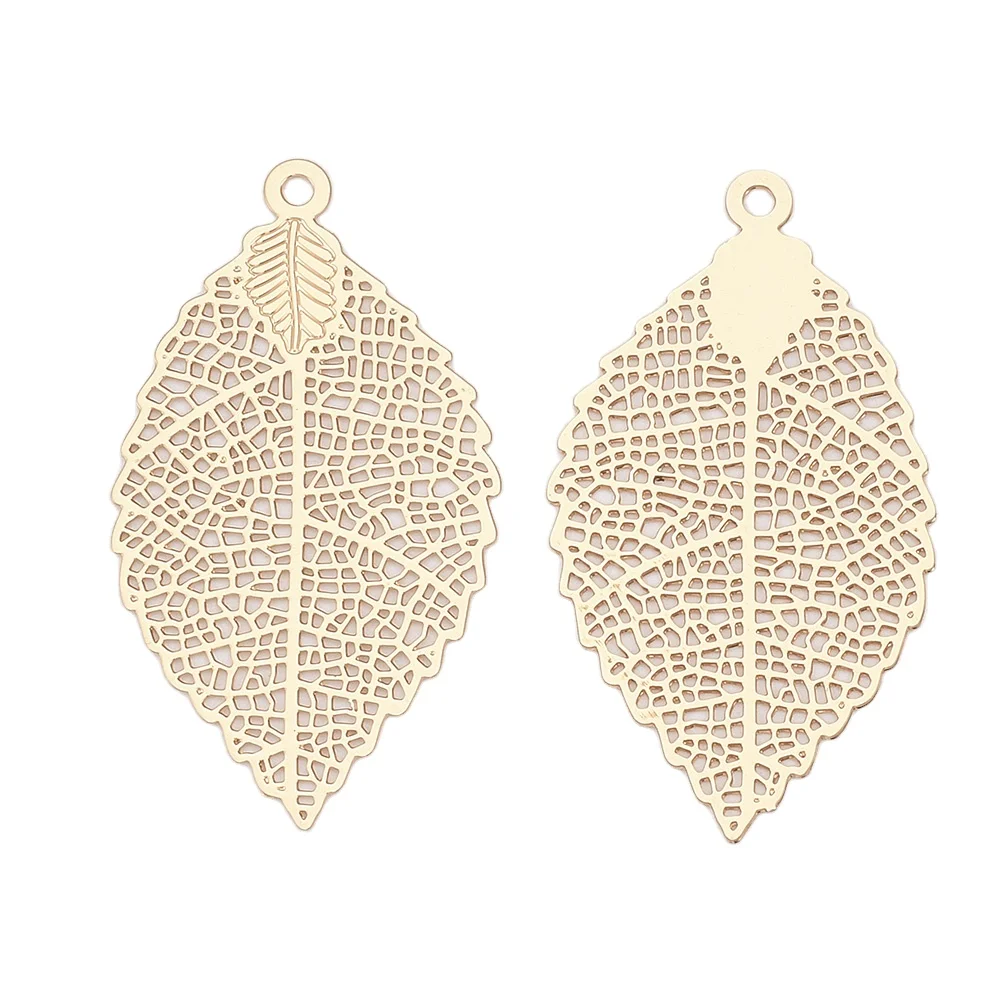 

PandaHall Etched Metal Embellishments Leaf Light Gold Brass Pendants