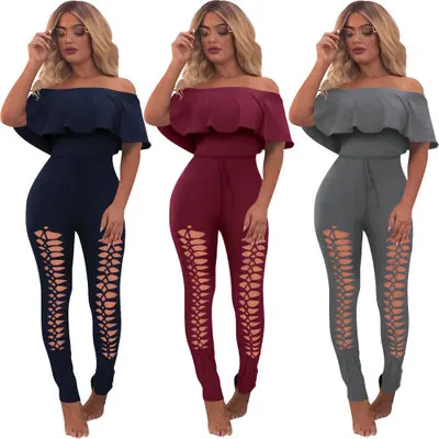 

Wonder Beauty off shoulder ruffle burnt-out bandage solid Mujer Women 2020 Bodycon Jumpsuit romper
