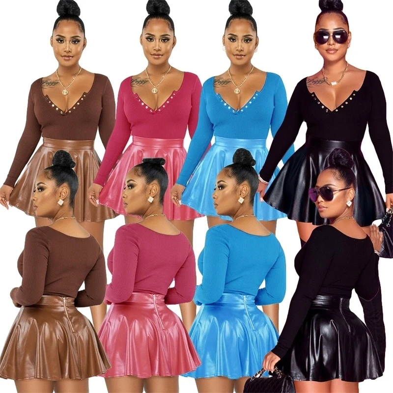 

Solid Color Pleated PU Leather Short Skirt Long Sleeve Fashion V Neck 2022 New Arrivals two 2 Piece Set Women