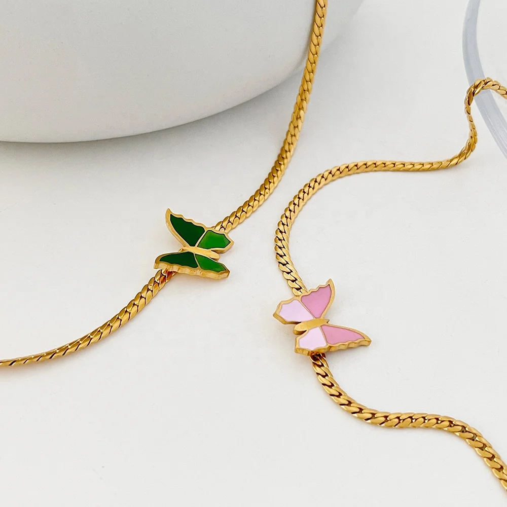 

Trendy Green Pink Butterfly Necklace 18K Gold Plated Stainless Steel Jewelry