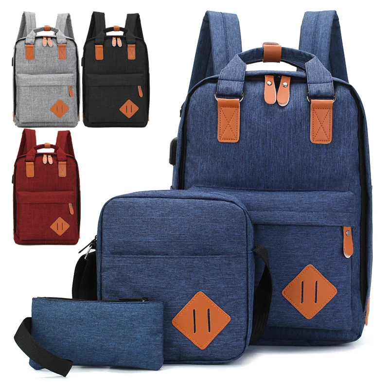 

England Style Factory Wholesale Simple Design Kid School Polyester Fabric Custom Logo Laptop Backpack 3 PCS set Bag, Black, blue, red, grey or custom