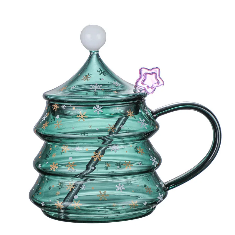 

HY OEM Heat resistant christmas glass cup Star Wish Cup Christmas Tree Glass mug Wishing mug Cute Ins glass cup with lid