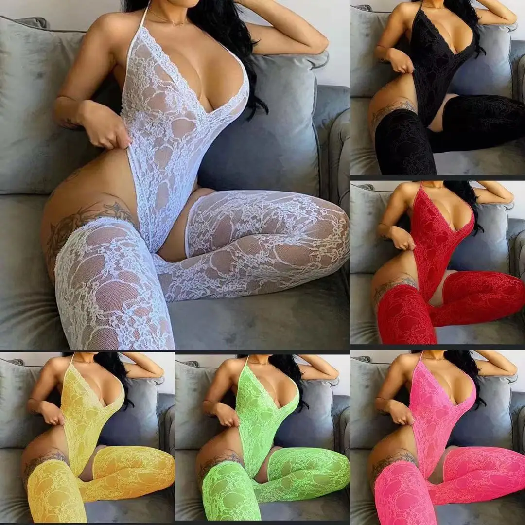 

Wholesale 2022 new arrivals sexy halter lingerie bodysuits lace onsies adult onesie with matching socks