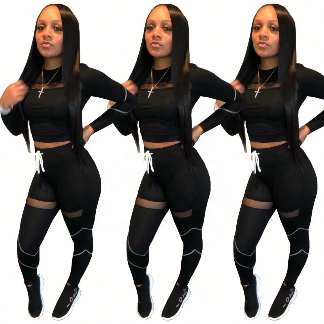 

Women Two Piece Outfits Set Solid Mesh Spliced Leisure Tracksuit 2 Piece Set in Stock, Pink, black