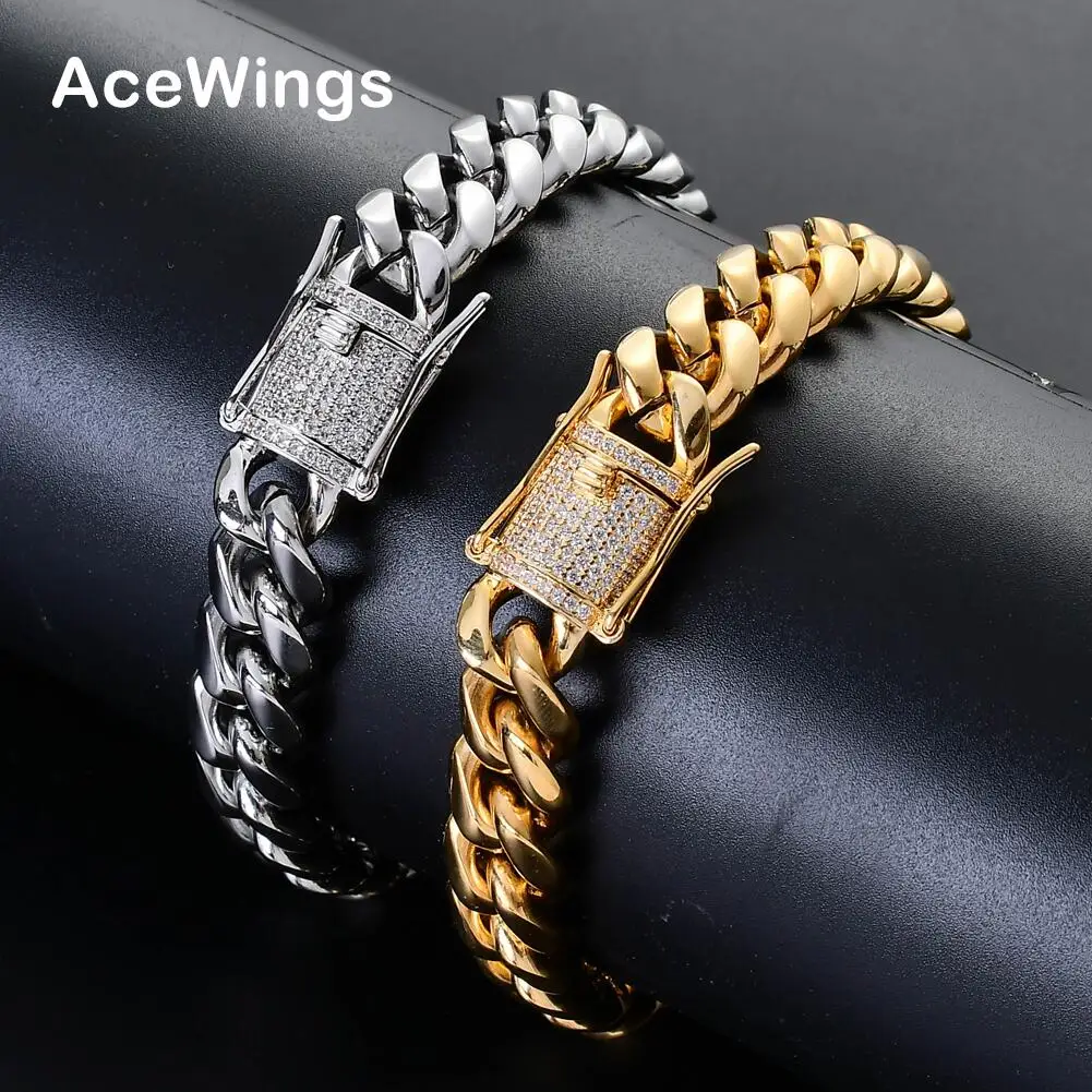 

BB001 8mm 10mm 12mm 14mm 7inch 8inch Stainless Steel Bracelet Jewelry with Brass setting CZ clasp hip hop