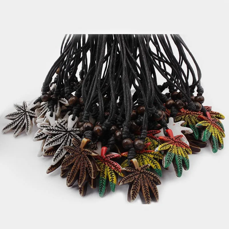 

12Pcs/lot Resin White/Brown/Rasta Style Maple Pot Weed Leaf Pendant With Black Wax Cotton Cord Necklace Jewelry