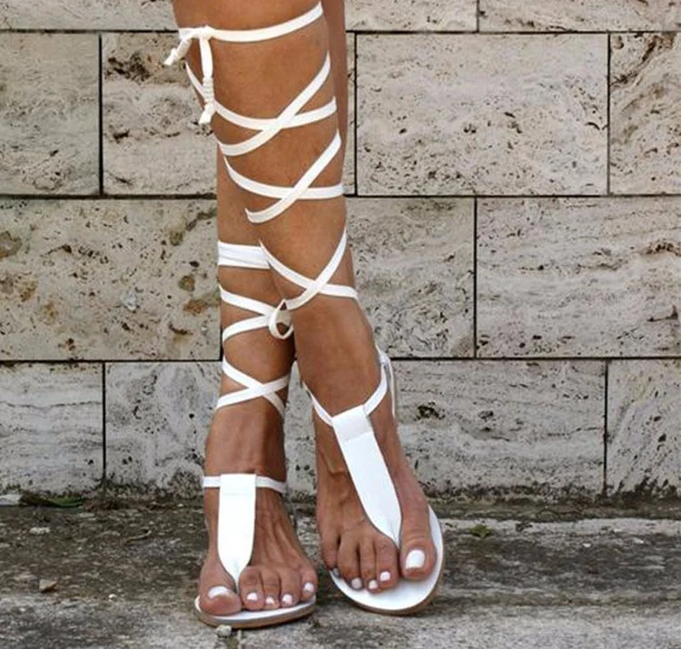 

New Fashion Women Lace Up Gladiator Sandals Summer Beach Strappy Criss Cross Open Toe Sexy Knee High Flat Sandals, Black ,nude