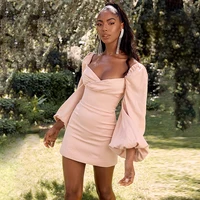 

Low Cut Fitted Solid Long Lantern Sleeve Pink Dresses