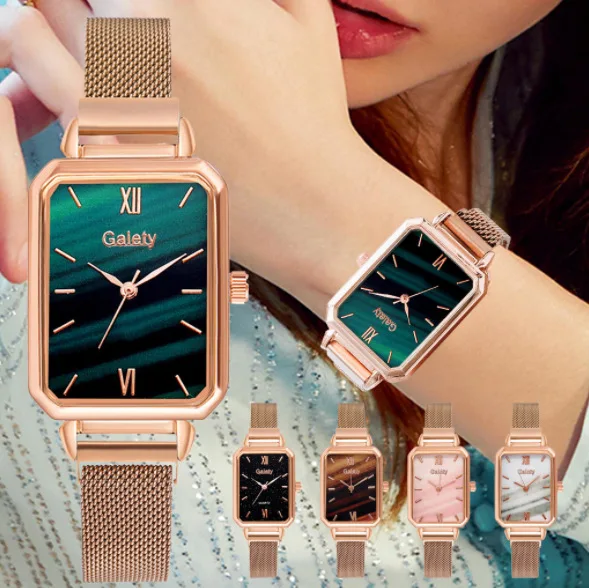 

Fashion Square Ladies Quartz Watch Bracelet Set Green Dial Simple Rose Gold Mesh Luxury Women Watches