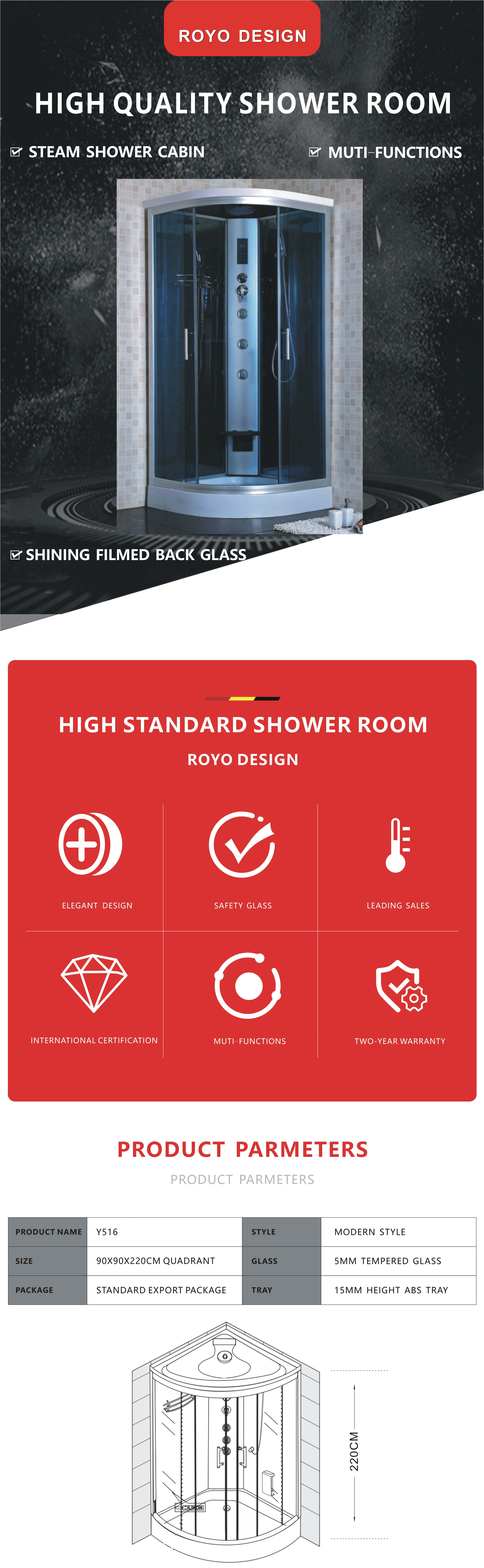 Promotion Classical Quadrant Steam Grey Glass Aluminum Profile Foot