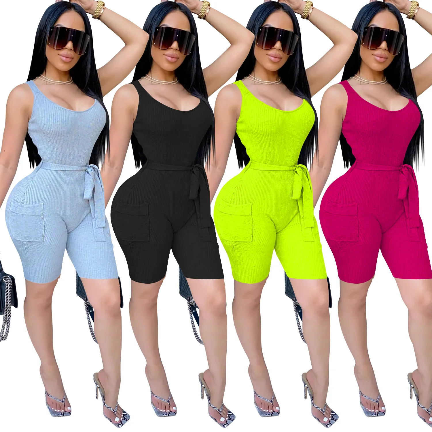 

2021 New Arrivals Fashion Women Casual V-Neck Sleeveless Back Zipper Waist Belt Short Pants Pockets knitted Romper, Picture show