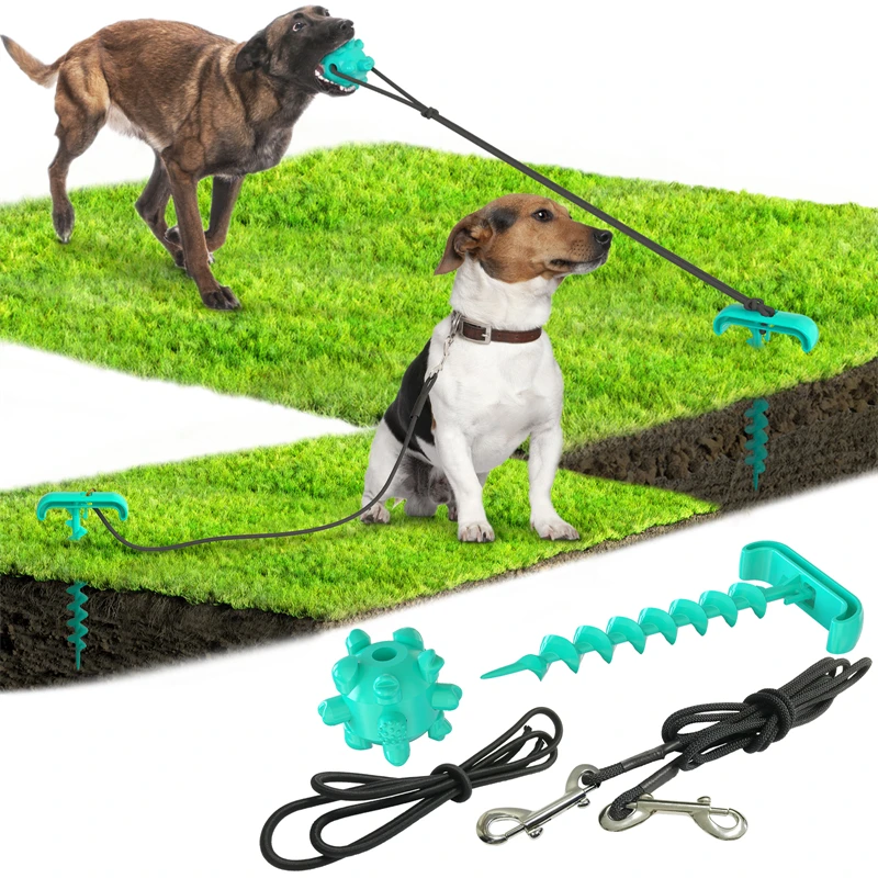 

Dog Stake Tie Out Cable and Pet Dog Chew Toy Set Spiral Anchor Stake with Dog Stake Tie Out Cable and Toy Pet Molar Bite Toy, Blue, yellow, green