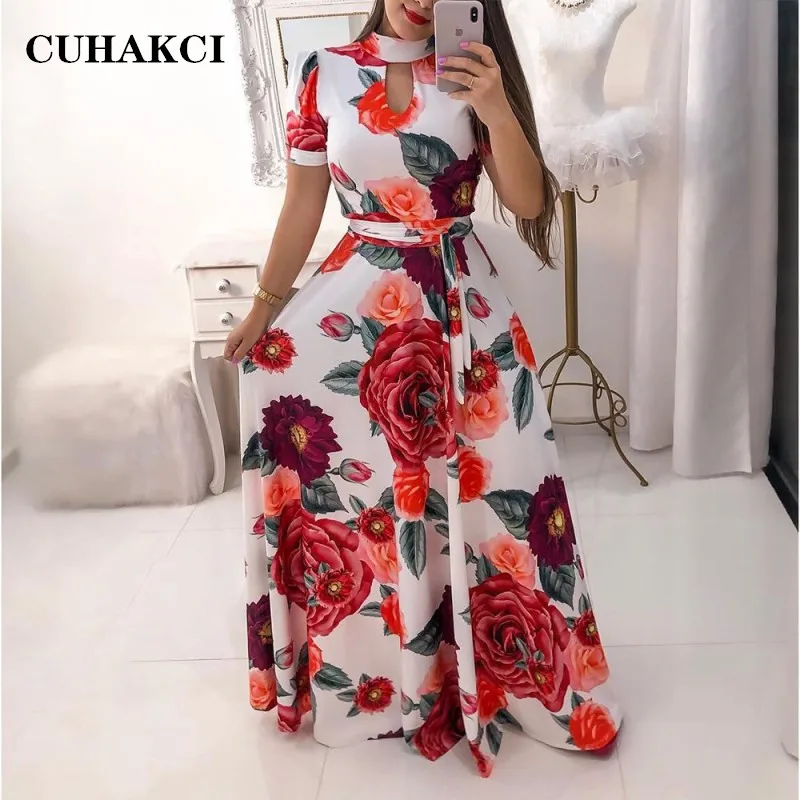 

CUHAKCI Women Sexy Long Dress Holiday Style Maxi Dress with Long Belt Ladies Hollow Out Floral Printed Floor-length Plus Size, 26 colors