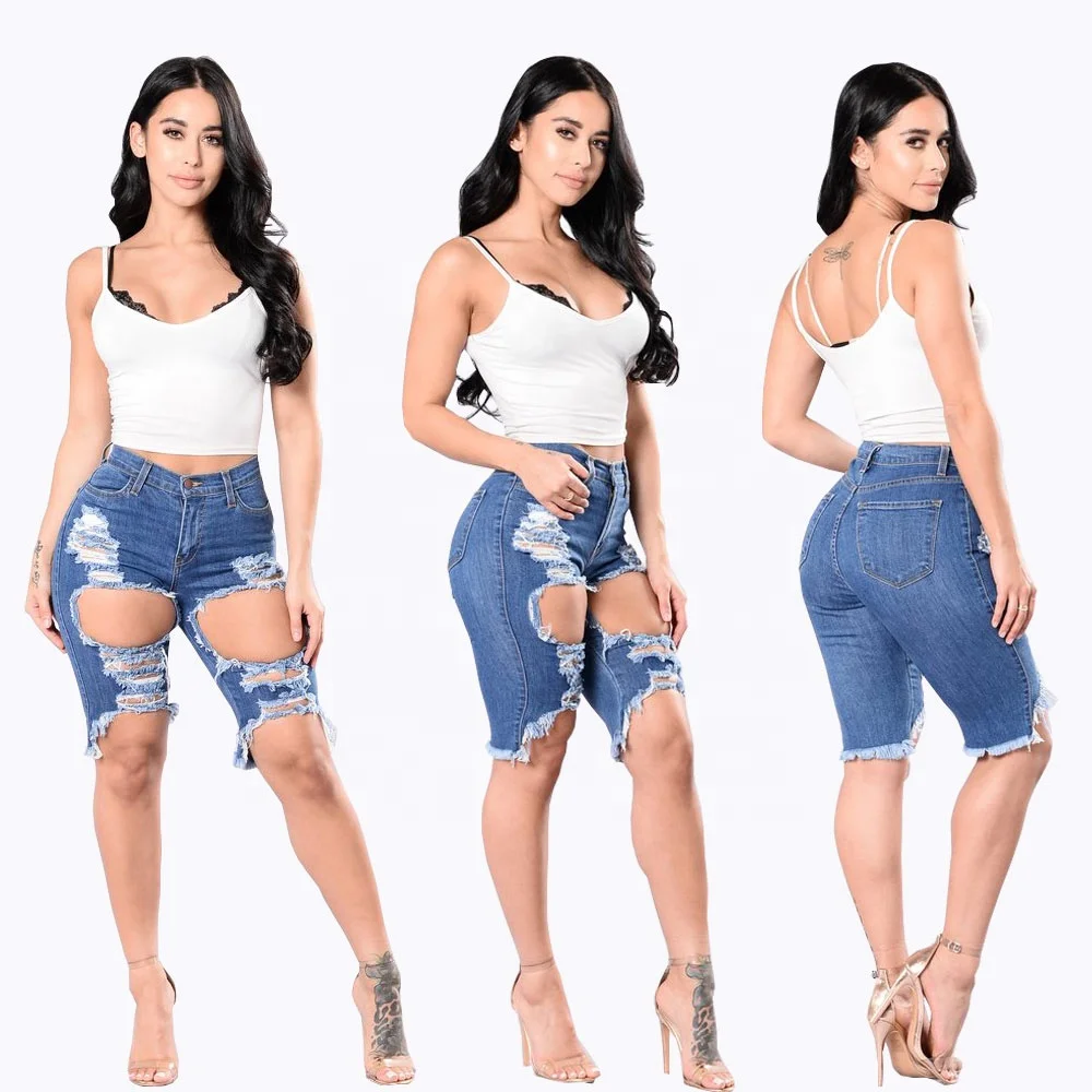 

Custom Ripped Women Short Hole Denim Trendy Fashion Knee Length Distressed Short Pants Women Jeans