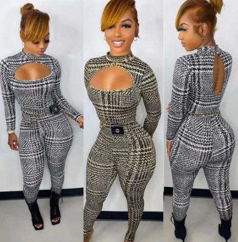 

New Arrival Nice Print Hole Long Sleeve Bodysuit Elegant Casual One Piece Women Jumpsuits And Rompers Fashion Clothing