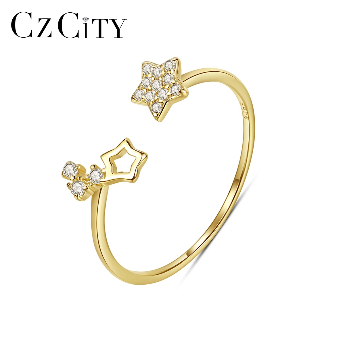 CZCITY  Korean Thin and Cute Adjustable Gold Plated Female Opener Rings Silver 925 Girls CZ Star Ring