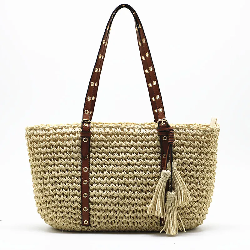 

OEM casual fashion straw shoulder bag for women simple tote handbags with tassel, Customizable