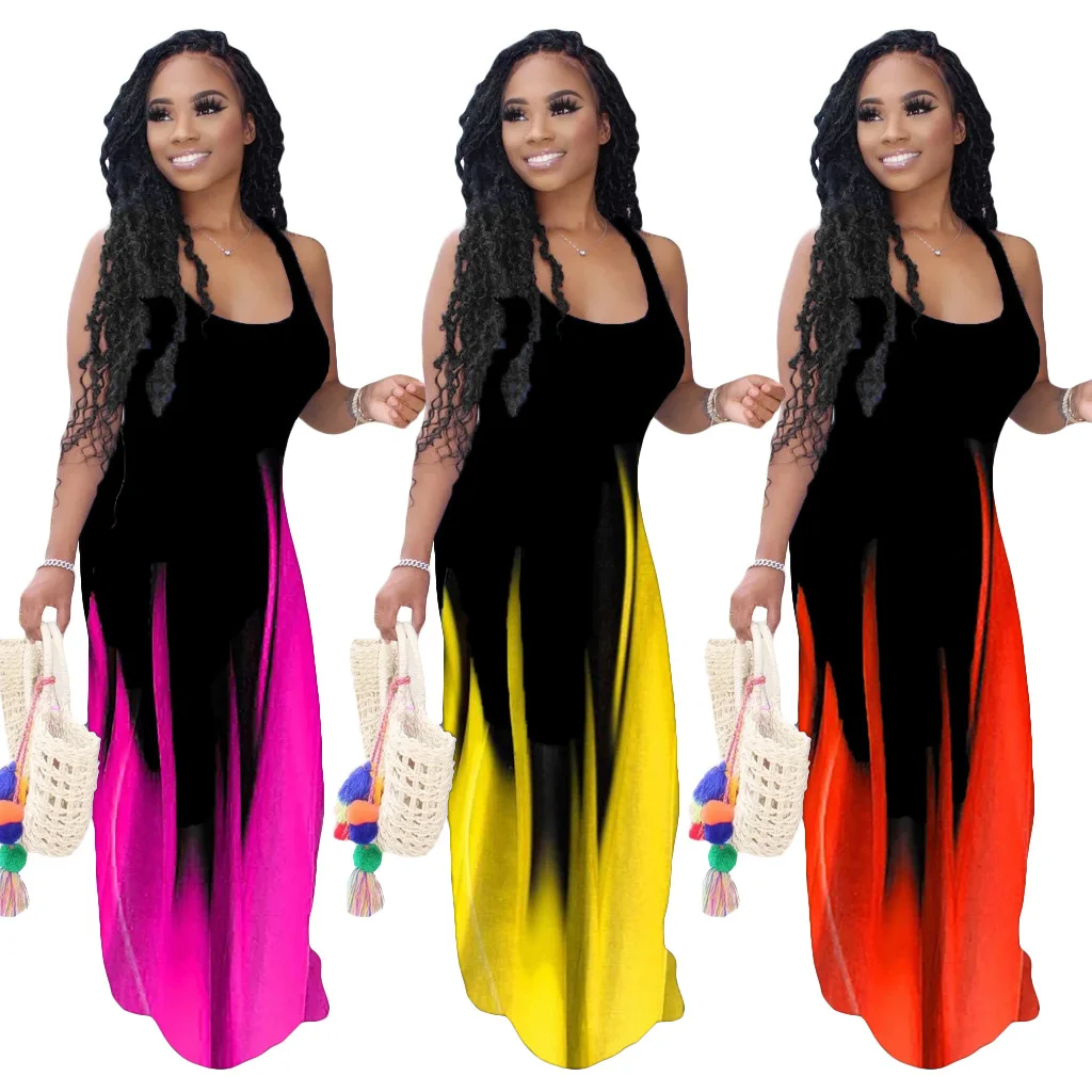 

New fashion women summer maxi dress printed tie dye sleeveless woman long dress