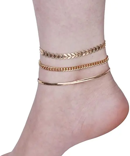 

2021 Wholesale 3pcs Figaro Link Adjustable Beach Foot Jewelry Gold Plated Anklet for Women