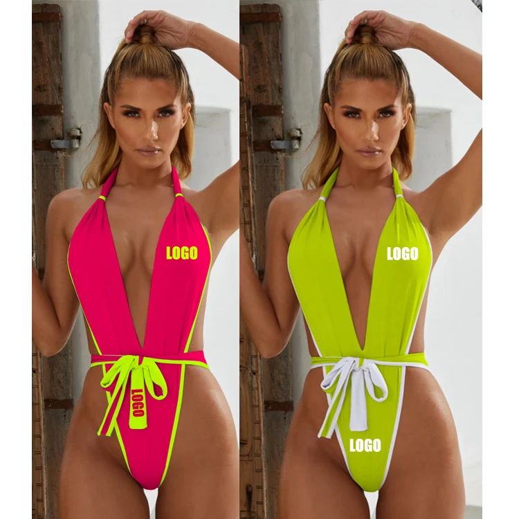 

Free Shipping Deep V Sexy one piece thong bandage swimwear thong bikini hight cut Backless snake swimsuit 8 colors