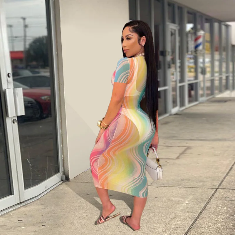 

M7305 - sexy fashion mesh short sleeve tie dye ladies dresses