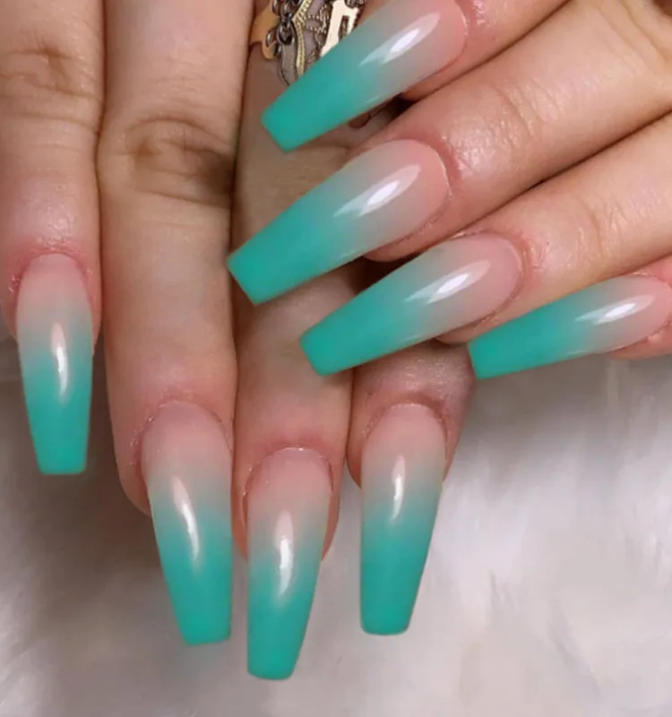 

Super long press on nails girls ladies green coffin ombre 2021 press on nail long coffin nails press on