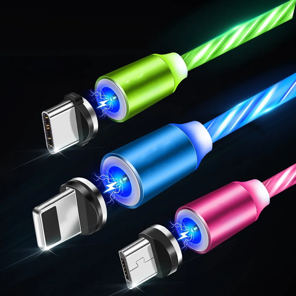 Magnetic Charging USB Led String Lights Rubber Cable Visible Flow LED Light USB Charging Sync Cable for iPhone Samsung Huawei