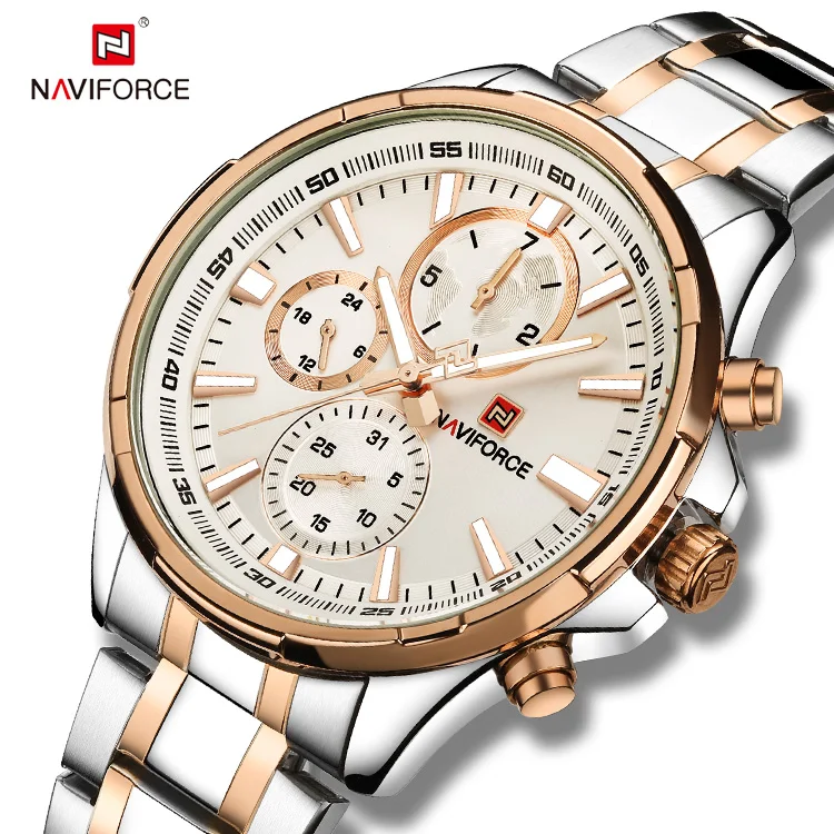 

reloj naviforce brand Sports Waterproof Stainless Steel mens watches japan quartz navy watch 9089, White,black,rose gold