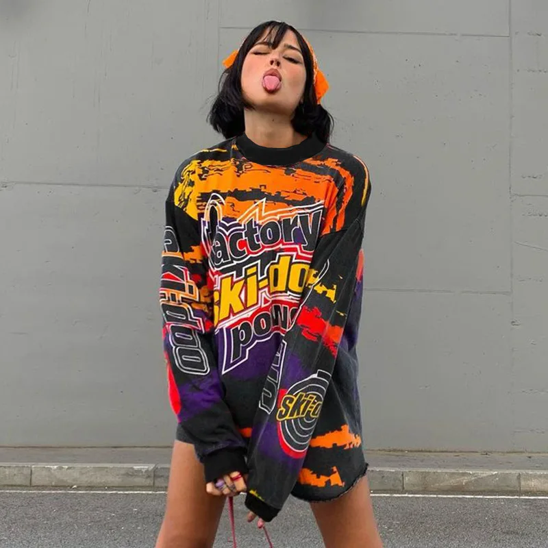 

2022 Autumn Hot Sale Long Sleeve Top Oversized Graphic Print Personality Color Matching Sports Streestwear Ladies& Blouses, Picture shows