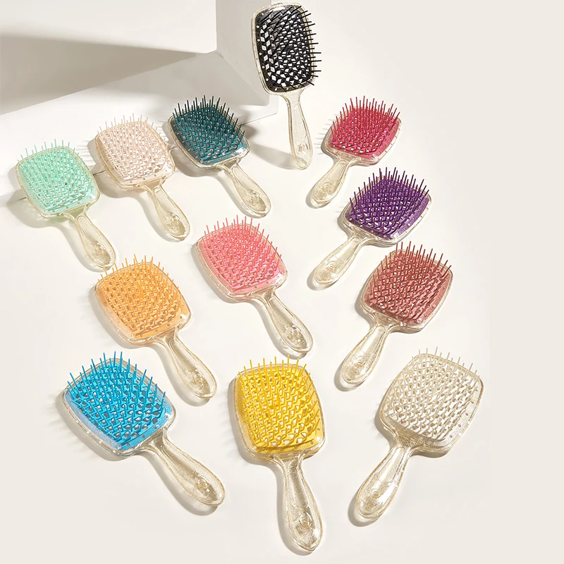 

custom logo transparent golden Vented Curved Curly shape hollow hair brush transparent