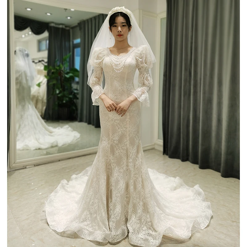 

AmL8344 wedding dress 2021 party bridesmaids online Elegant Mermaid lace vintage women gown modest perfect prestigious victorian