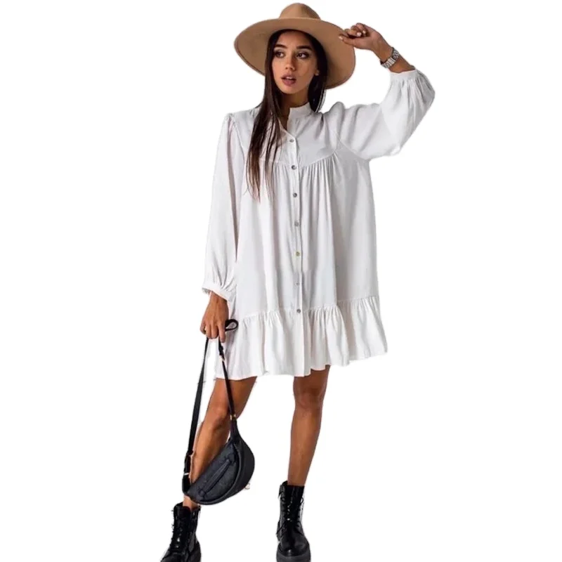 

Fall 2021 ladies' solid color long sleeve stereo collar fashion casual plus size comfortable chiffon dress.kemeja wanita