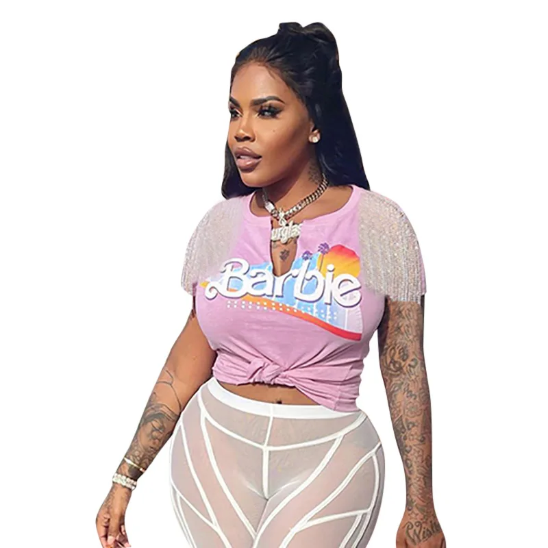 

Fengway Spring 2022 New Printing Ladies Shirt Hip Hop Street Casual Tassel Tops Women Pullover Short Sleeve Crop T-shirt