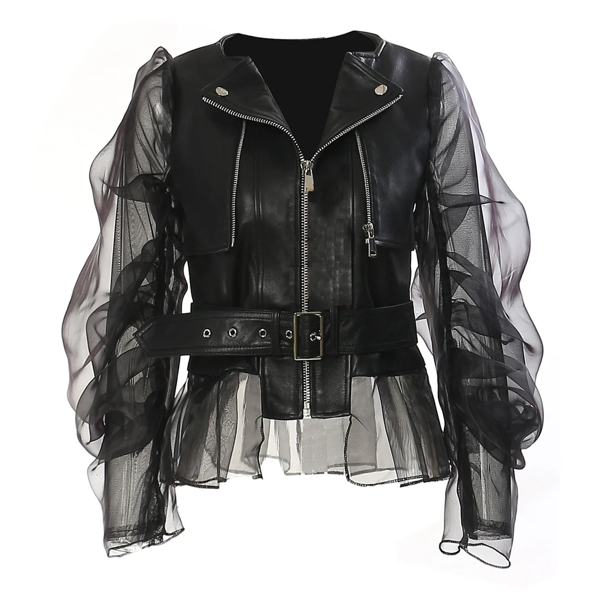 Black Mesh Gauze Translucent Double Sleeves Metal Zipper Pocket Thin Belt Tulle Hem Fashion Street Sweet Cool Jacket Top Coat