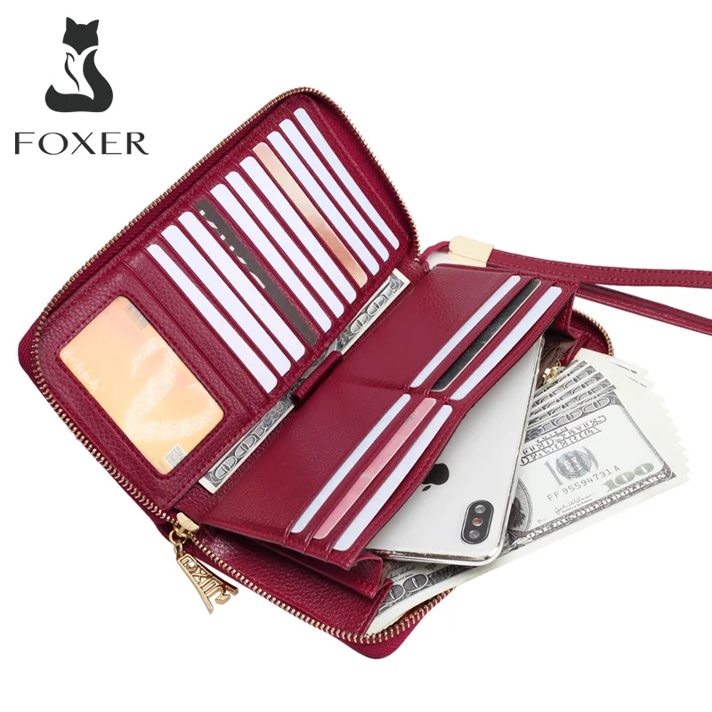 

FOXER Women Cow Leather Cellphone Wallet Female Coin Purse Long Clutch Bags with Wristlet Lady Card Holder Wallets