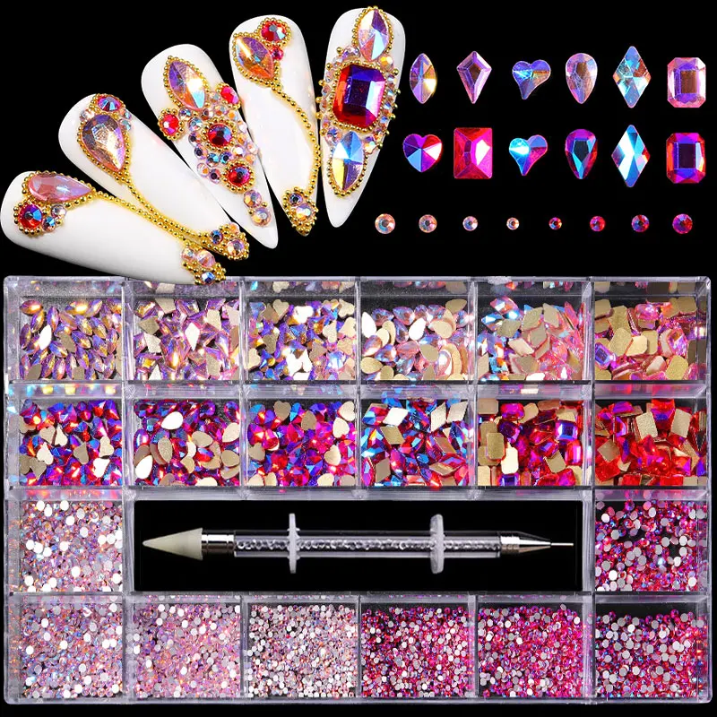 

High Quality Pink 3d Nail Art Fancy Crystal AB Rhinestones Box Bright Glass Diamonds Charm Flatback Shaped Rhinestones Set, Pink ab