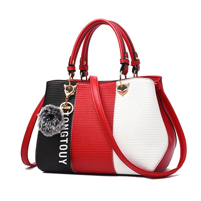 

European And American Fashion Temperament Ladies Handbag Tri-color Stitching Hit Color Shoulder Bag Hair Ball Pendant Handbag