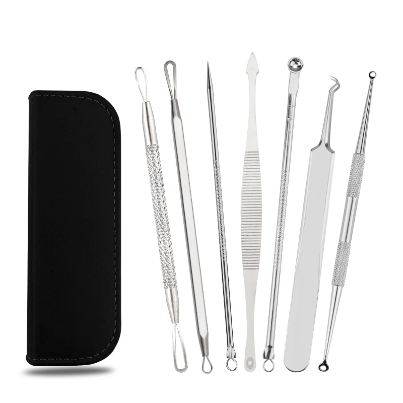 

7 Piece Stainless Steel Blackhead Remover Kit Pimple Comedone Acne Extractor Tool Facial Beauty Kit Set, Black,pink