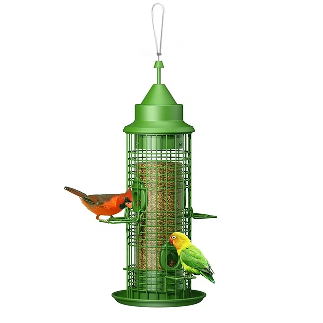 

1.3L Garden Yard Outdoor Squirrel Proof Metal Caged Hanging Automatic Metal Bird Feeder With Stand, Green