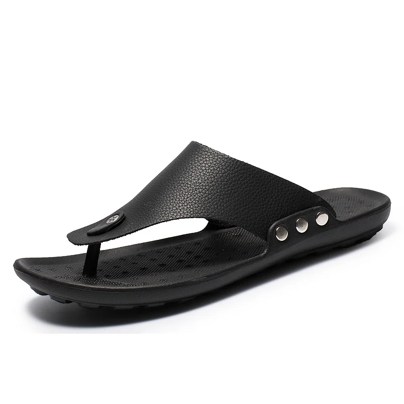 

Genuine Leather advertising flip flops rubber flat outdoor casual slippers for men, Black,brown.white