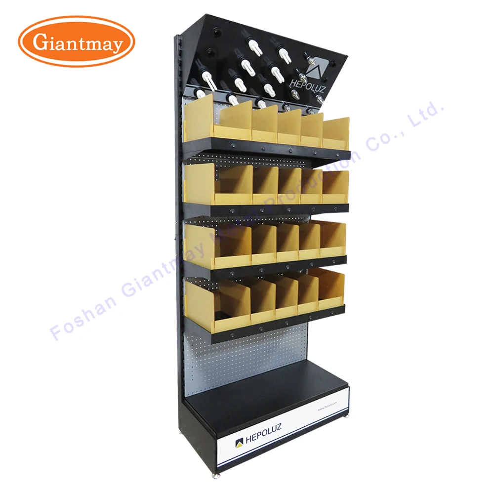 Popular Hardware Shop Rack with LED Light Bulb Store Display Shelves for Retail Stores