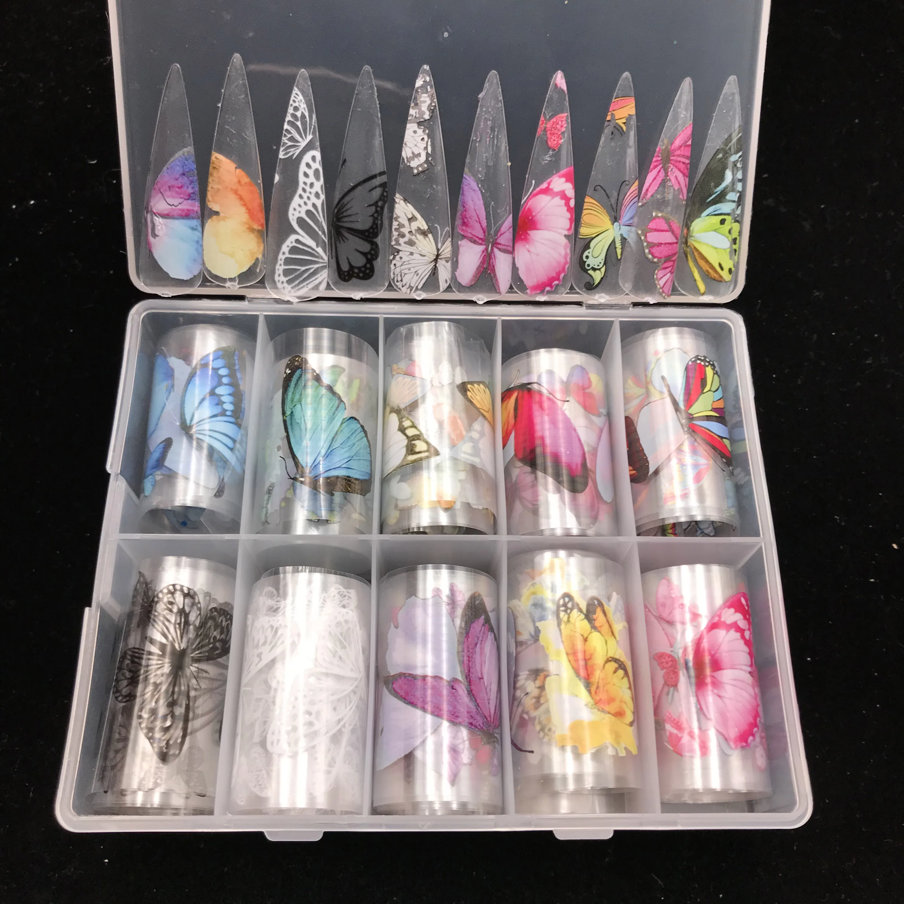 

XueQun 4*100cm White Butterfly Brand Designer Logo Foil for Nail Art Decoration hot transfer nail foil, Colorful