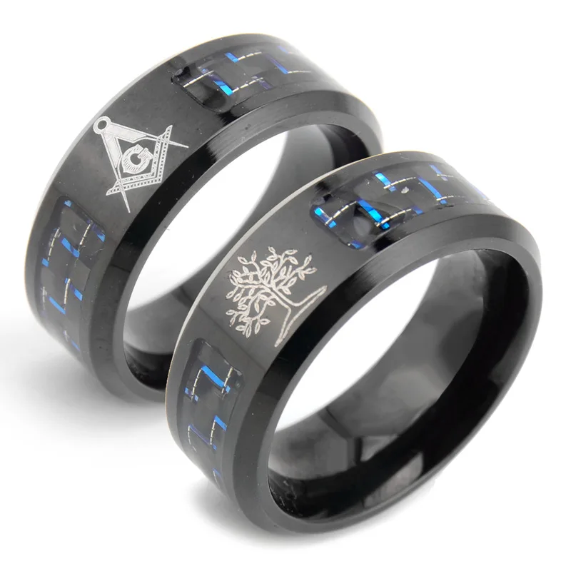 

Wholesale 8mm width Carbon Fiber Inlay Stainless Steel Masonic Freemason 2pcs set Carbon Ring for Men