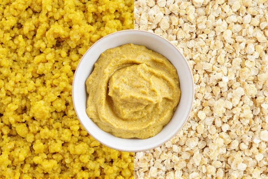 Close-up of yellow prepared mustard bottle next to measuring spoons showing 1 tablespoon measurement for ground mustard substitution