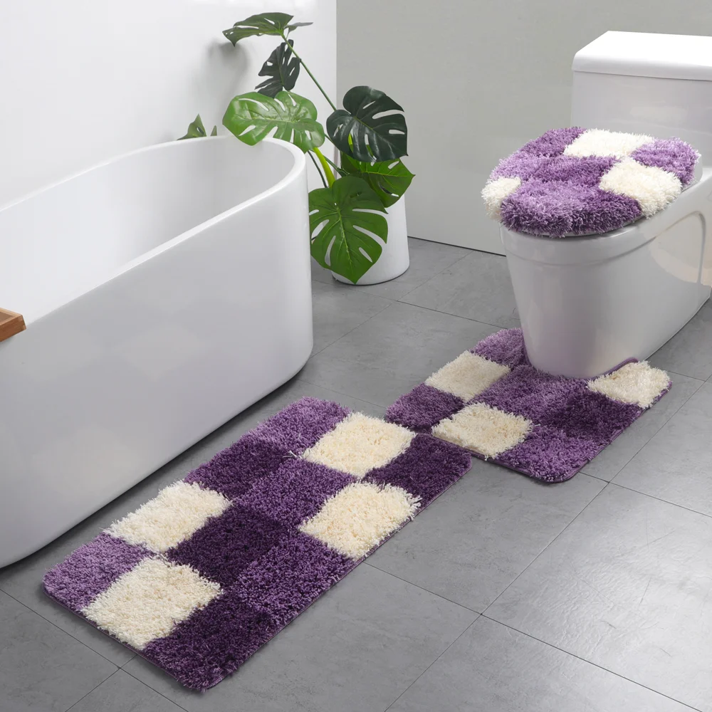 

High quality OEM microfiber TPE backing modern plaid pattern thick 3 pcs set bath rug for bathroom